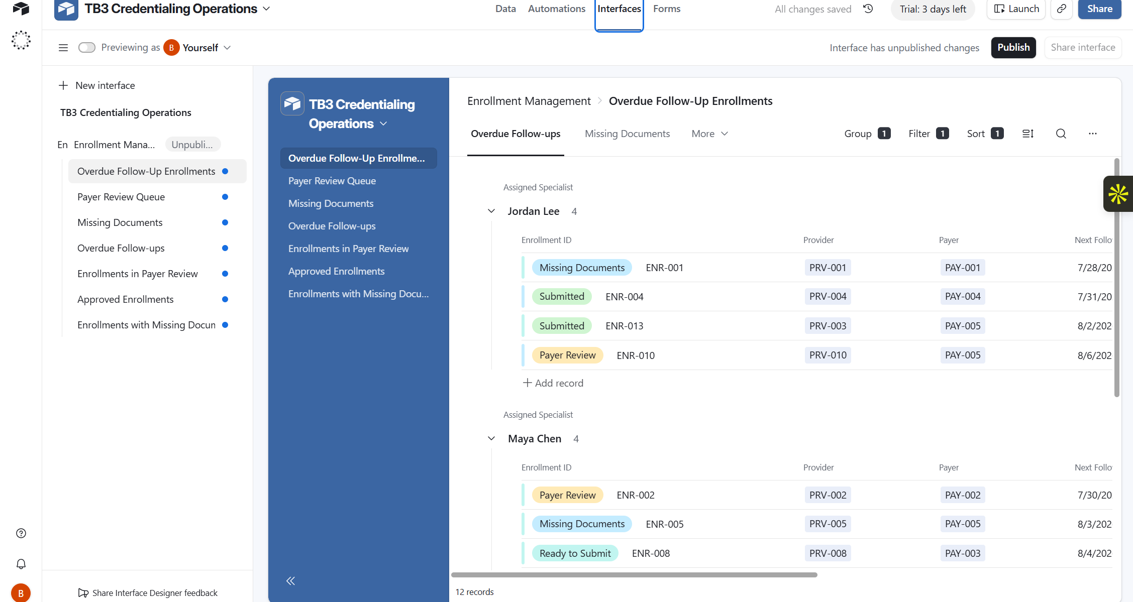 Airtable TB3 Credentialing Operations synthetic prototype