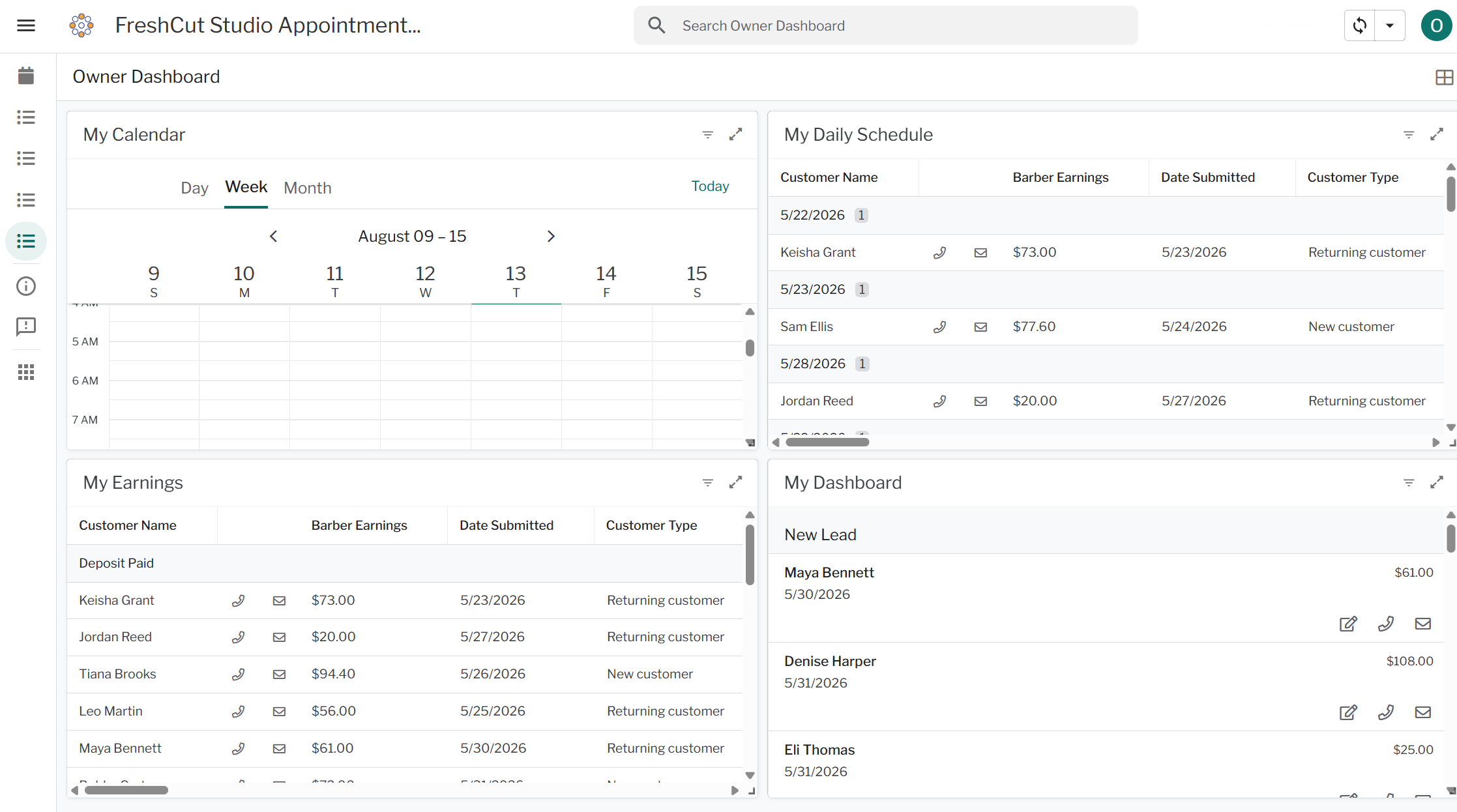 FreshCut Studio fictional owner dashboard