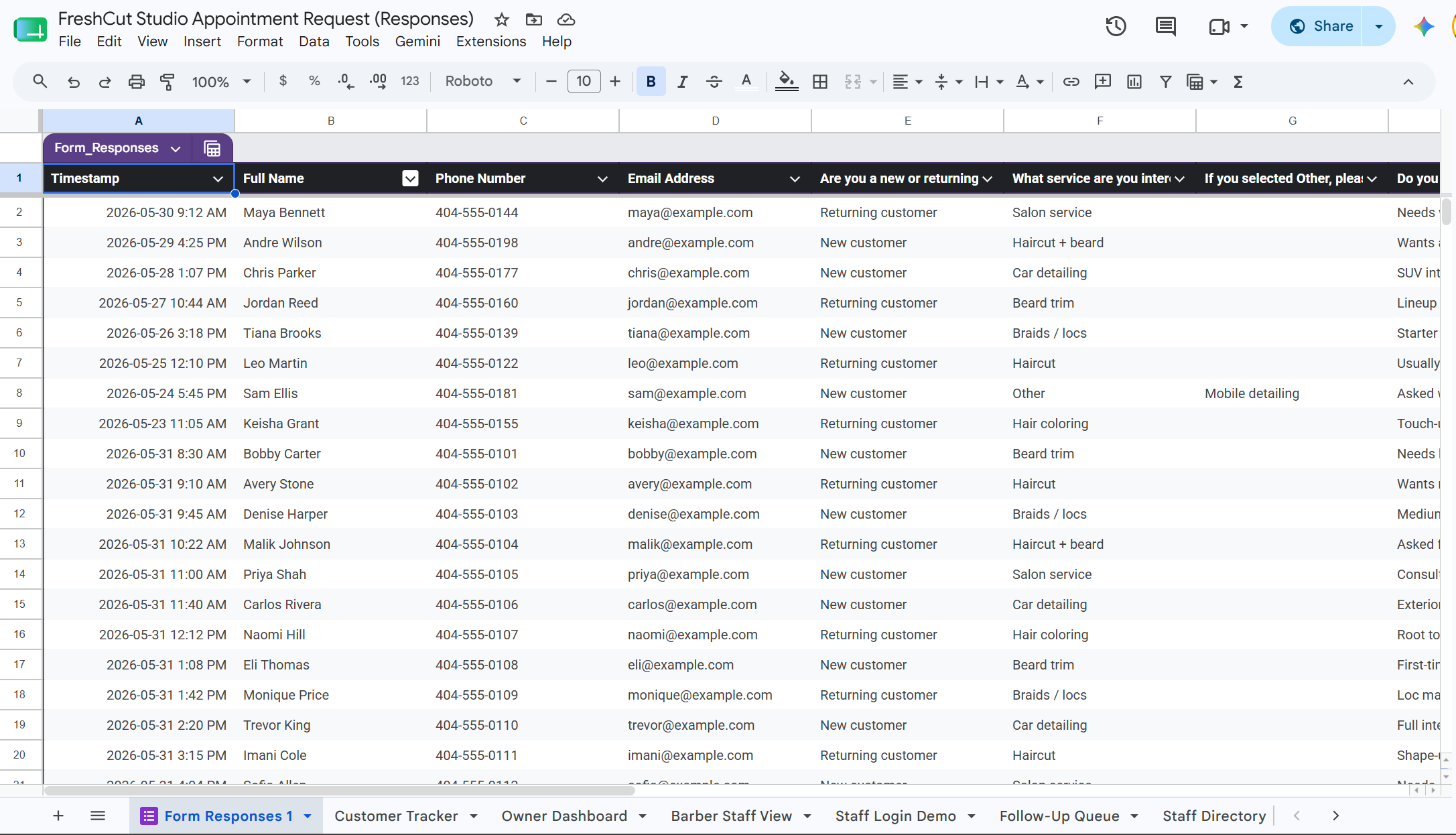Fictional FreshCut Studio client intake data