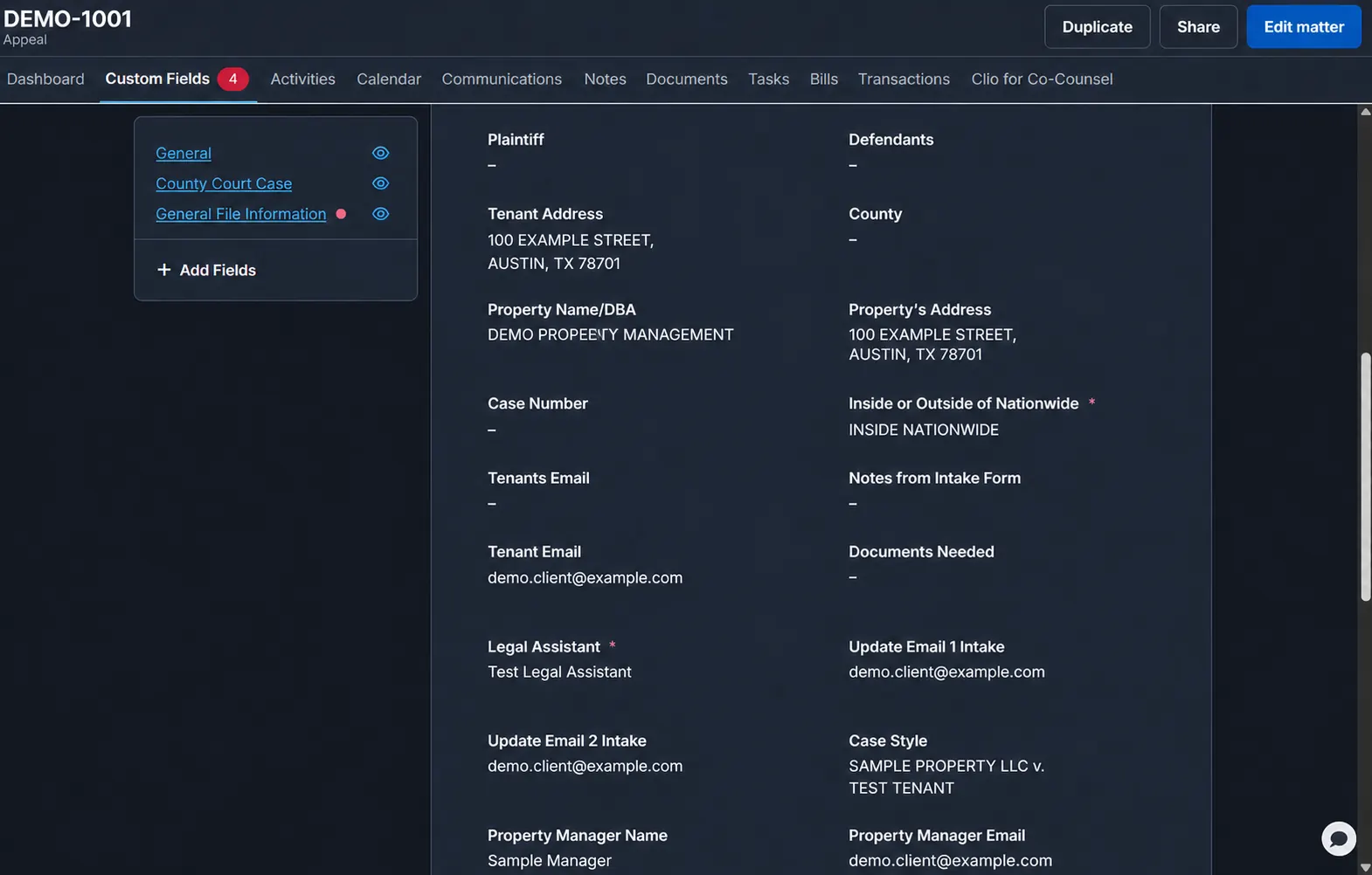 Fictional Clio custom fields populated with test intake information