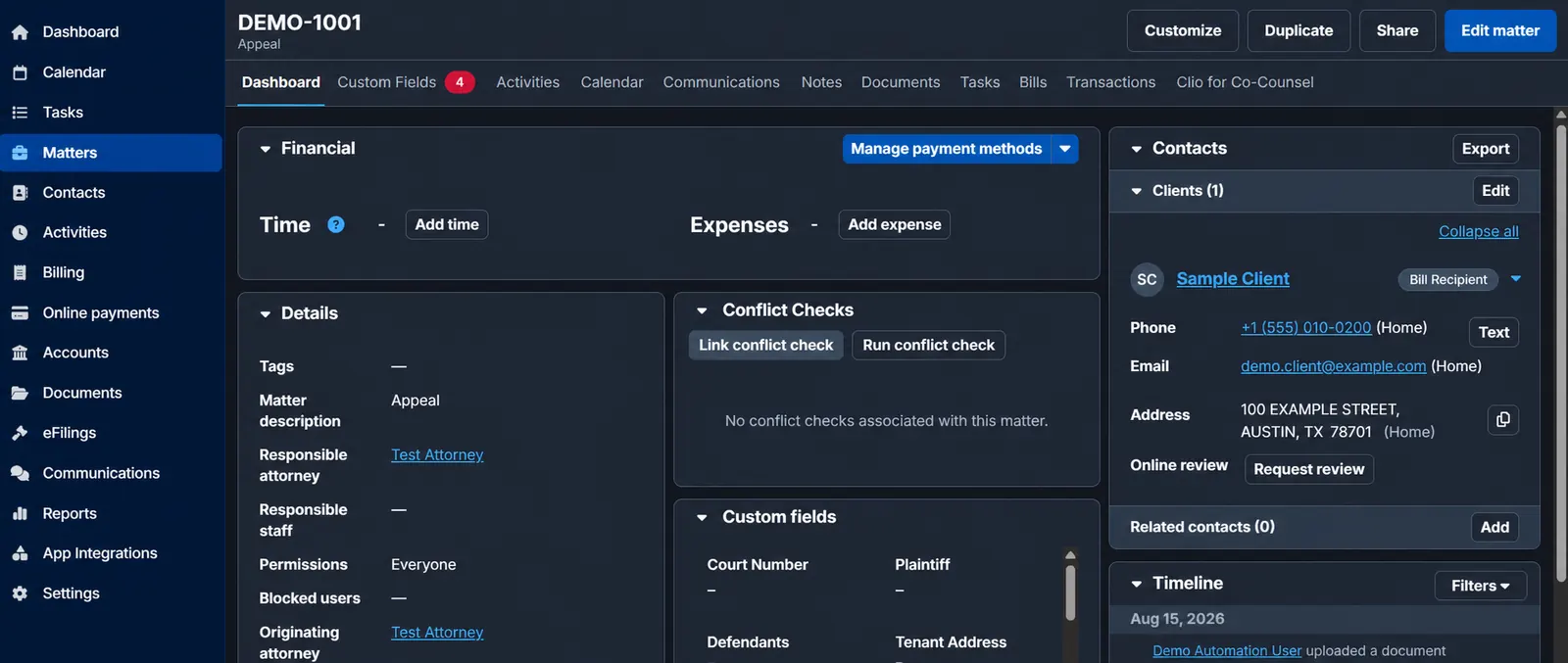 Fictional Clio matter dashboard showing conflict checks and assigned ownership
