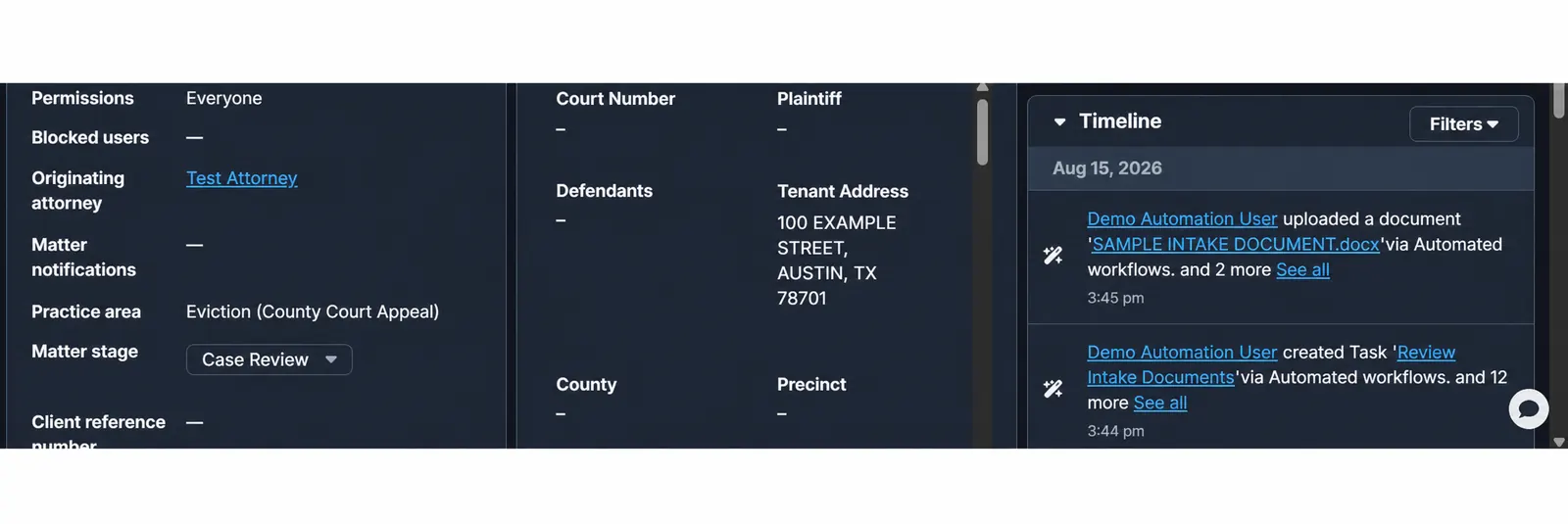 Fictional Clio activity timeline showing automated task and document actions